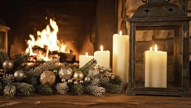 Slow slide across Christmas fireplace with lanterns and candles
