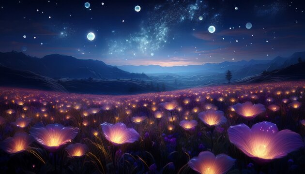 glowing moonflowers illuminate vast field at night serene surreal