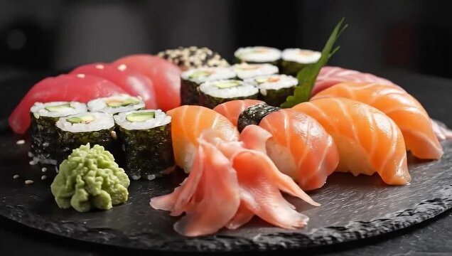 Slow orbit around assorted sushi platter