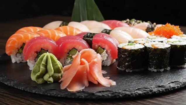 Slow orbit around assorted sushi platter