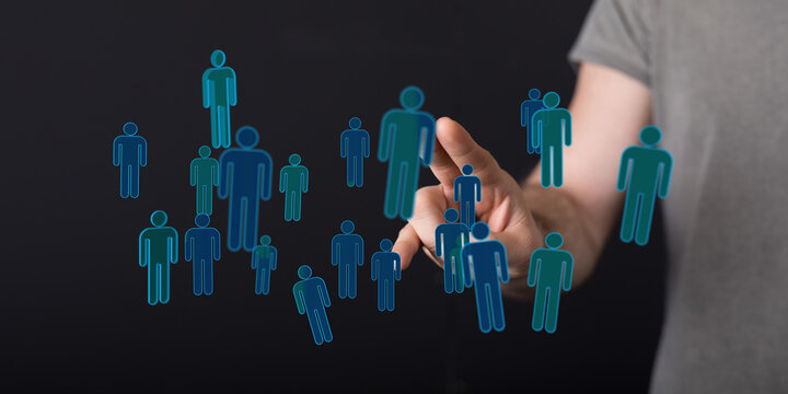 Concept of global community and social connection represented by digital human icons interacting with a touch s