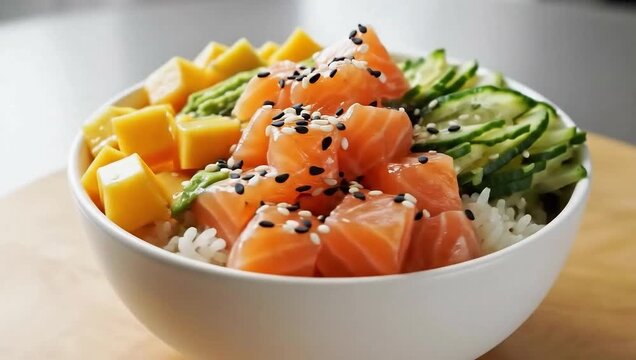 Rotating shot around colorful poke bowl