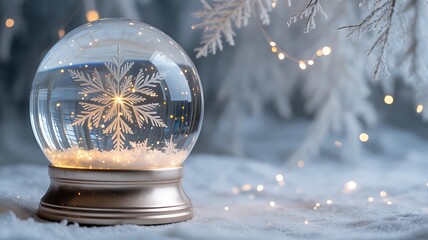 Magical winter snow globe with a glowing snowflake inside set against a soft focus background of frosted branches and twinkling fairy lights