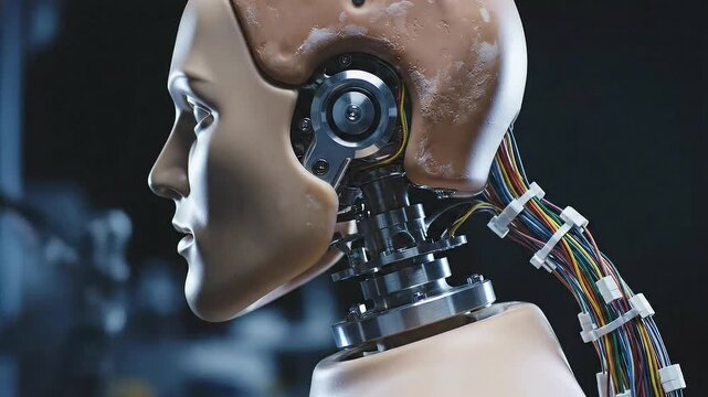 Detailed Close Up of Robotic Humanoid Head with Visible Wiring and Mechanisms Against Dark Background in Profile Under Soft Lighting For Technology Concepts at 179 char