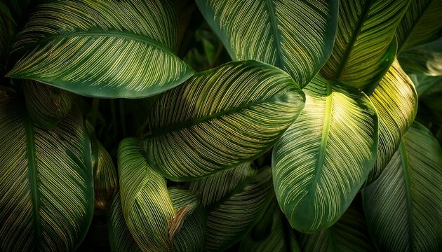 lush green tropical leaves with gilded veins sunlight dappled exotic macro