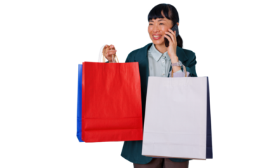 Happy asian woman shopping and talking on phone, carrying colorful bags, consumerism and retail transparent background