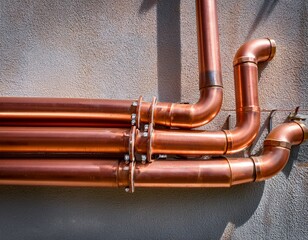 sleek copper pipes neatly affixed to a concrete wall architecture pipework