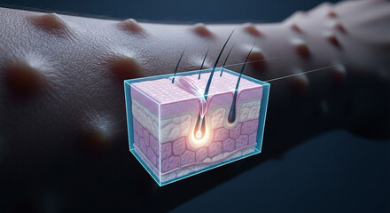 Closeup 3d illustration showing a crosssection of human skin with hair follicles and a magnified view of skin pores, representing dermatological conditions or skincare science