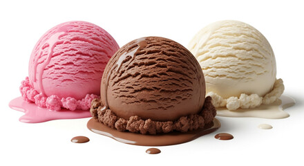 Indulge in creamy delight three perfect scoops of strawberry, chocolate, and vanilla ice cream melting slightly on a clean white background