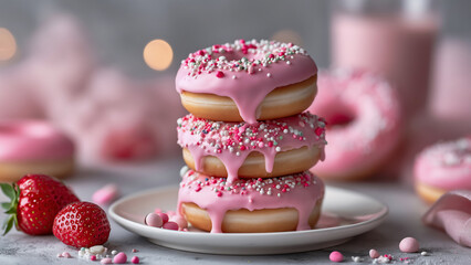 A stack of fictional pink doughnuts with sprinkles and a strawberry glaze, on a white plate. The pink glaze is dripping down the sides, surrounded by other pastel-colored doughnuts and strawberries. 
