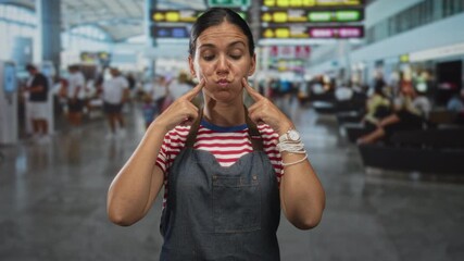 Woman in apron points finger and presses cheeks in airport terminal, smiling toward camera; playful confidence.