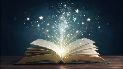 Unlock boundless imagination as a magical story bursts forth from an open book, scattering stardust and dreams across a whimsical night sky, inspiring wonder.