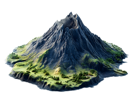 Majestic snow capped mountain with lush green valleys and a tiny village isolated on transparent background