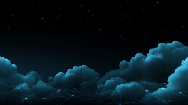 Night Sky Cloud Network Digital Art Composition with Glowing Connections, Cloud Computing, Abstract Background Cloud Computing, Digital Art