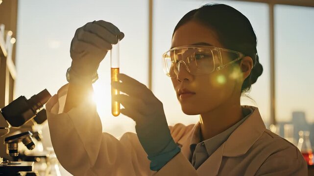 A woman in a lab coat examines a test tube filled with a bright liquid, holding it up to the light. The focused woman closely observes the reaction in the test tube under laborator