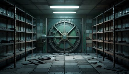 Mysterious abandoned vault room with shelves filled with unknown items and a large circular steel door in a dimly lit industrial setting