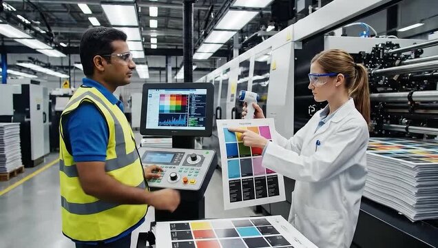 Printing press operators checking color on industrial machine