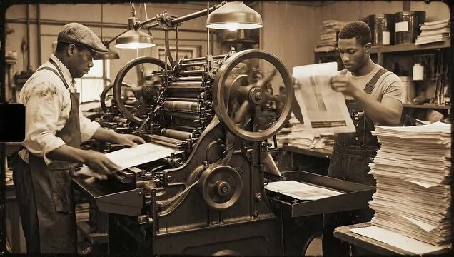 Printing press operators checking color on industrial machine