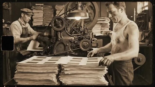 Printing press operators checking color on industrial machine