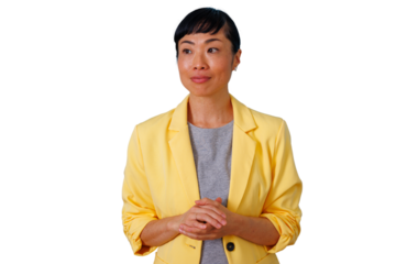 Asian businesswoman listening attentively with hands clasped, wearing yellow blazer and gray shirt, transparent background
