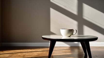 Minimalistic Coffee Cup on Wooden Table with Sunlight Shadows