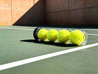 Padel Tennis Balls in Tube on Court. Sports Equipment Close Up