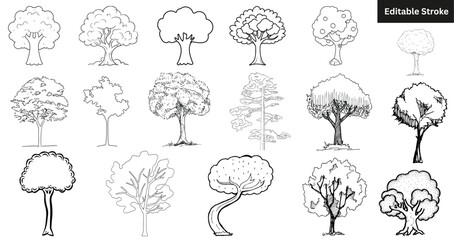 Set of 17 hand-drawn tree icons. Doodle nature, forest, and plant vector illustration.
