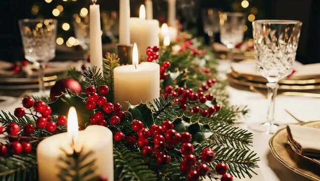 Slow dolly along long greenery Christmas table runner centerpiece