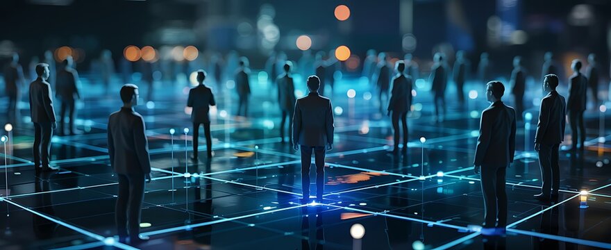 Futuristic digital network connecting silhouetted figures in a vibrant blue glowing abstract cityscape representing global connectivity and data flow