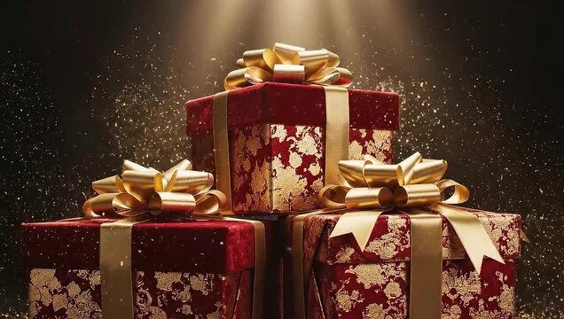 Slow orbit around elegant red and gold Christmas gift boxes