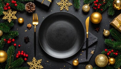 Elegant Christmas table setting for a festive dinner with a black plate, golden cutlery, and shimmering decorations on a dark background