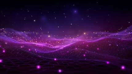 Fototapeta premium Purple Digital Landscape 3D Render of Abstract Network, glowing particles, waves. Digital art, abstract background Digital art, Abstract background