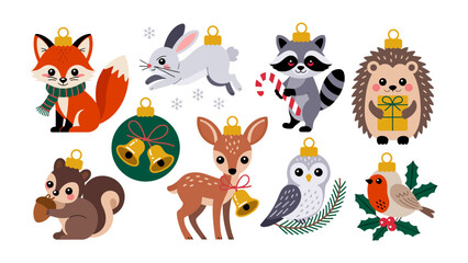 Naklejka premium Festive Ornament Collection: A delightful assortment of Christmas ornaments featuring a charming array of woodland creatures. Each ornament radiates cheer and seasonal spirit.