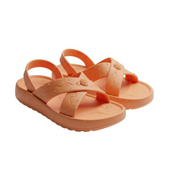 Orange Rubber Sandals with Water Droplets and Cross Straps on Transparent Background