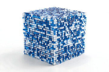 Innovative data cube showcasing binary code, representing digital transformation and cutting-edge technology, a modern symbol for cybersecurity, big data and the future of computing