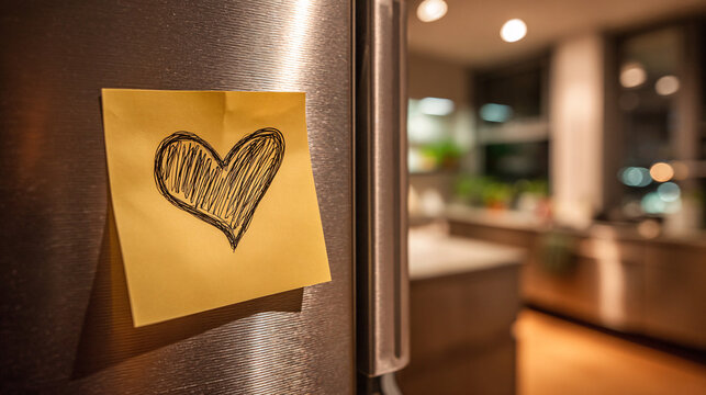 a single yellow sticky note with a simple heart drawing on it, attached to a stainless steel fridge door