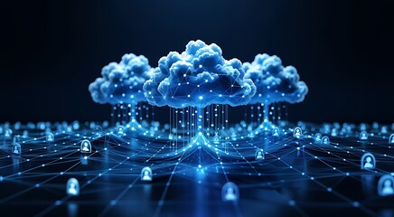 Abstract digital cloud computing network with glowing blue data streams connecting to a futuristic interconnected grid system on a dark background