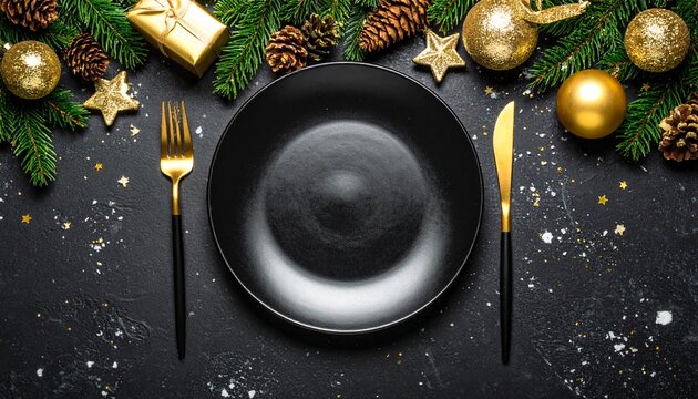 Elegant Christmas dinner setting black plate, golden cutlery, fir branches, baubles, pine cones on dark background, ideal for festive celebrations