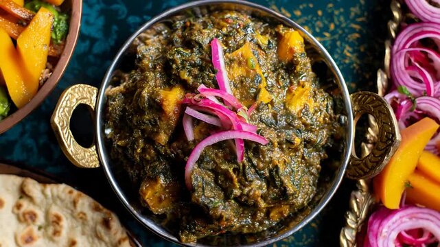 Delicious Palak Paneer served with Naan and Mango Slices.