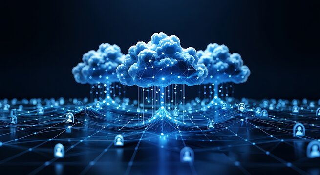 Abstract digital cloud computing network with glowing blue data streams connecting to a futuristic interconnected grid system on a dark background - Powered by Adobe