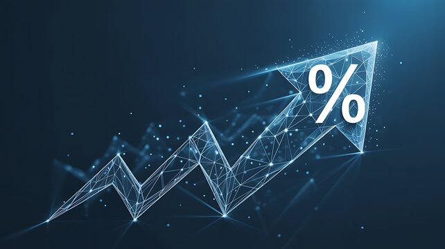 Abstract digital upward trending arrow graph with percentage symbol indicating financial growth and economic progress on a dark background