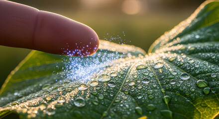 A persons finger gently touching a dewy green leaf, scattering magical blue and purple glitter, representing natures beauty, growth, and a touch of enchantment