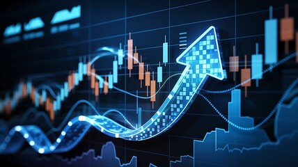 Glowing blue arrow chart showing upward trend over stock market data with financial graphs and bars in a dark background