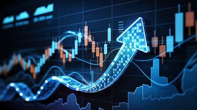 Glowing blue arrow chart showing upward trend over stock market data with financial graphs and bars in a dark background
