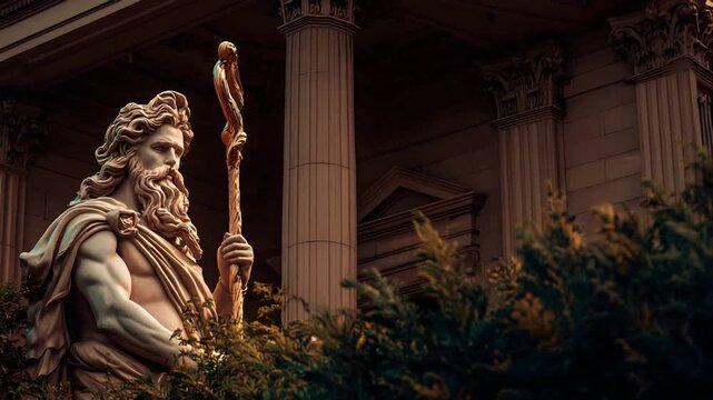 Majestic Greek God Statue Stands Tall Amidst Grand Architecture and Lush Greenery.