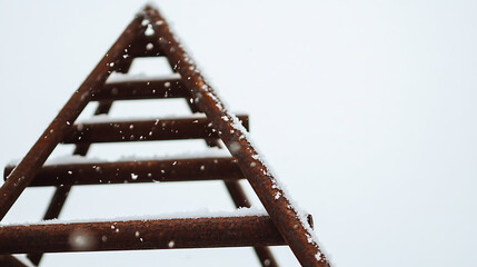 A close-up captures a weathered, triangular metal structure lightly dusted with snow. The sky is a muted white, enhancing the industrial feel. Snowflakes fall gently, suggesting winter.