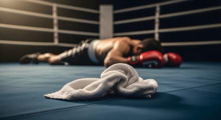 Exhausted boxer lies defeated in the ring with gloves and towel after a tough match