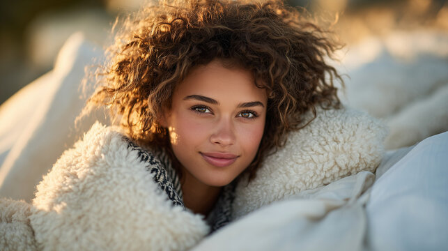 Close-up of womanâs relaxed face on plush pillow, morning glow highlighting hair and pillow fibers for luxury brand look