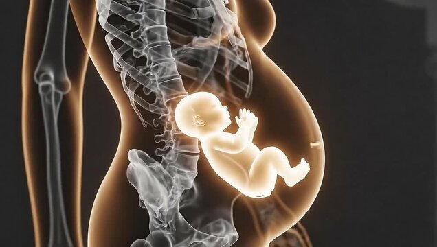 Rotating 3D x-ray style pregnant belly with glowing fetus