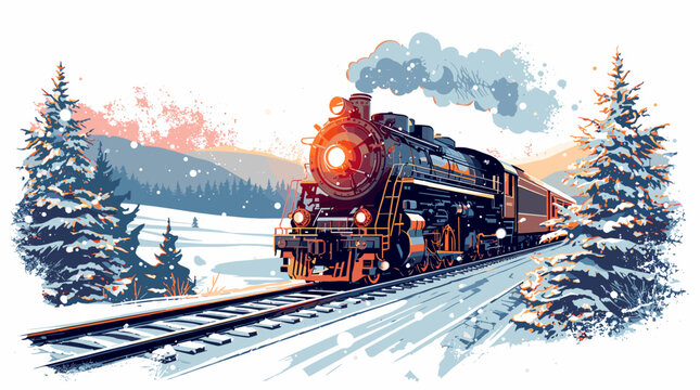 Steam locomotive illuminated by warm glow in snowy forest train crossing in snow
